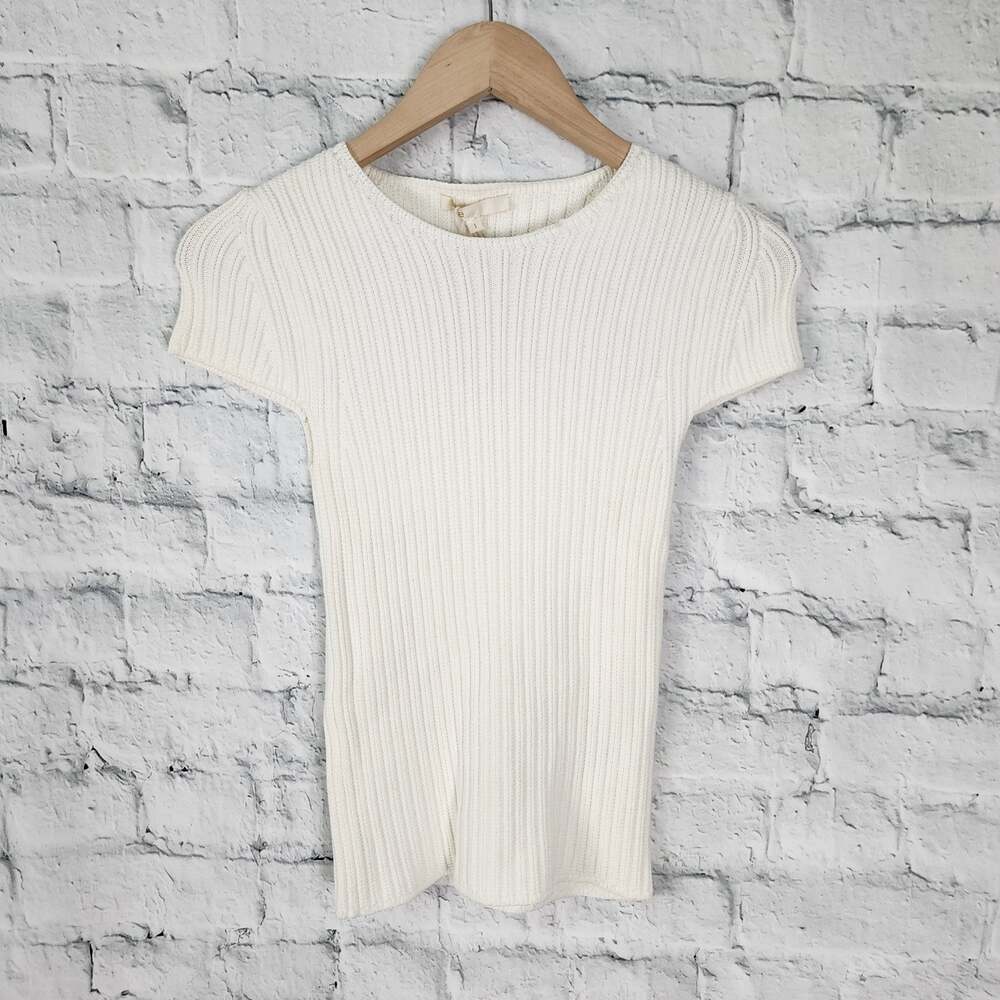 Maje maestra ribbed fitted knit top Sz S cap sleeve off white A18C